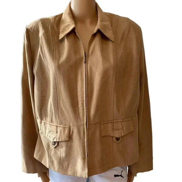 VTG N Touch Faux Sued Style Full Zip Beige Jacket Women Plus size 18P Pockets - Picture 1 of 6